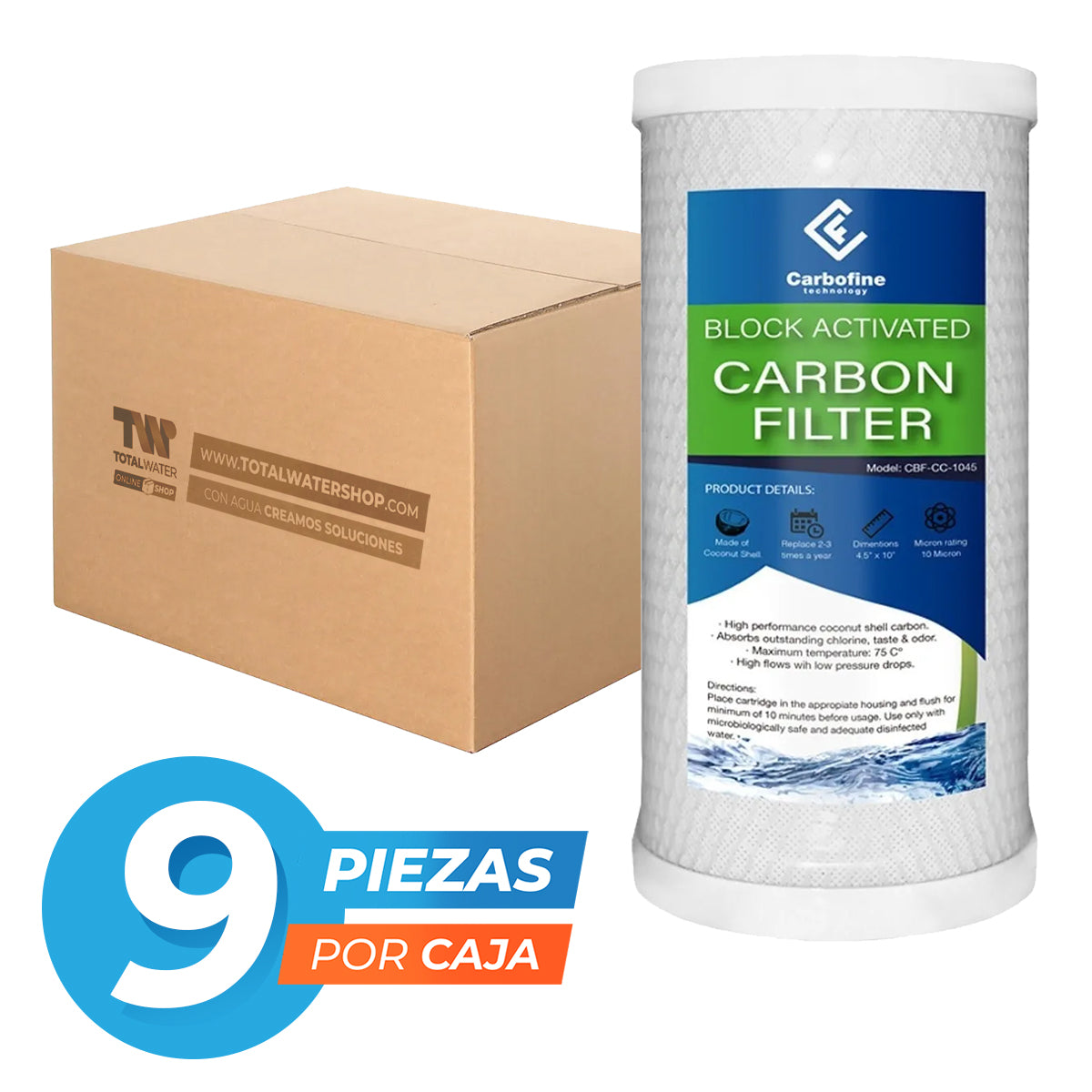 Paquete de Cartuchos de Carbón Activado Cáscara de Coco - 10" x 4.5" - 10 Micras - Block - CARBOFINE